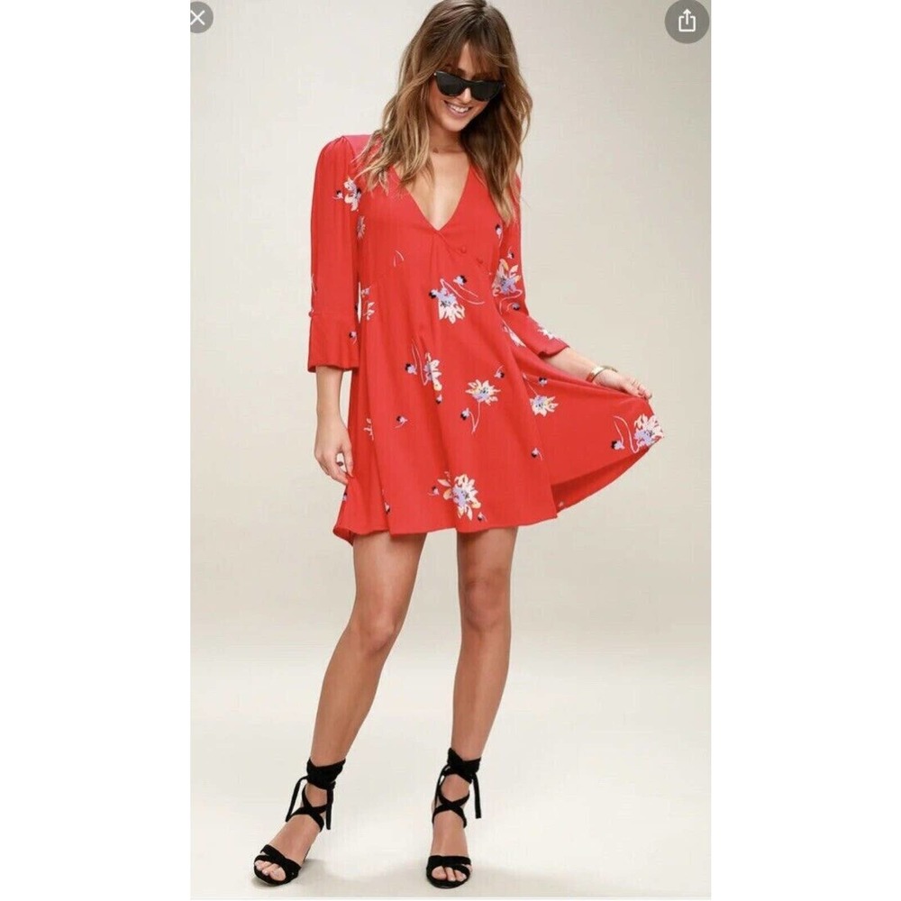Free People XS Red Multi-Color Floral Wrap TIME ON MY SIDE Tunic Dress Ruffles